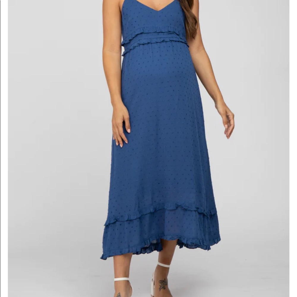 Blue Swiss Dot Ruffle Accent Maternity Maxi Dress - L